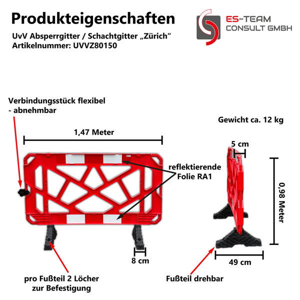 4 x Schrankenzaun weiß rote Reflexfolie 1500 x 1000mm, PVC-Füße (Schachtabsperrung)