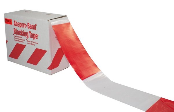 Absperrband rot/weiß 250m inkl.6 x Absperrleinenhalter rot als Absperrset