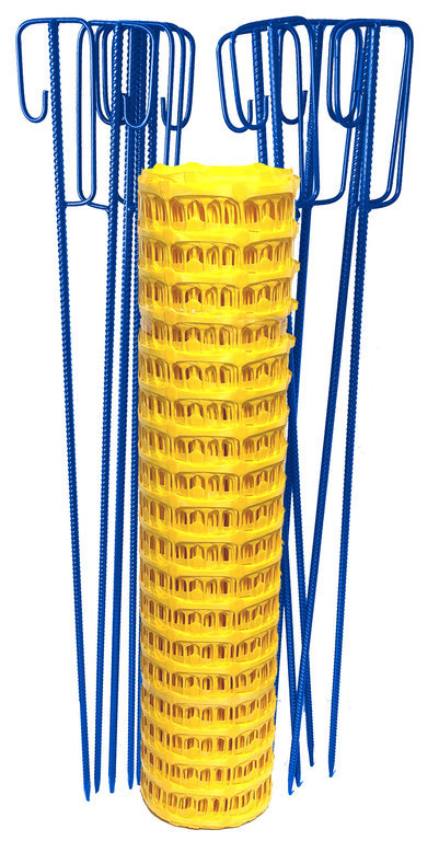 UvV Set Fangzaun gelb 50 m + 10 Absperrleinenhalter blau Bauzaun