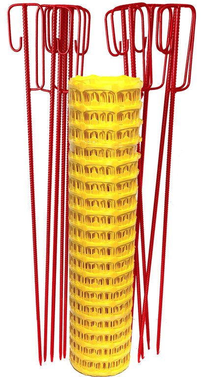 UvV Set Fangzaun gelb 50 m + 10 Absperrleinenhalter rot Bauzaun