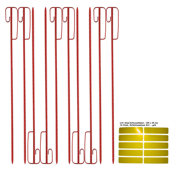 UvV rot lackierte Absperrleinenhalter + 10 gelbe Reflexsticker