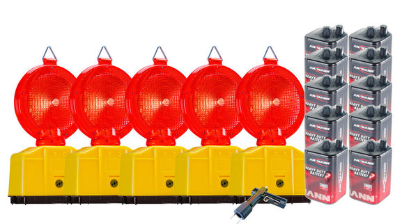 Vollsperrung Set 5 x LED Warnleuchten rot inkl. 9Ah Batterien
