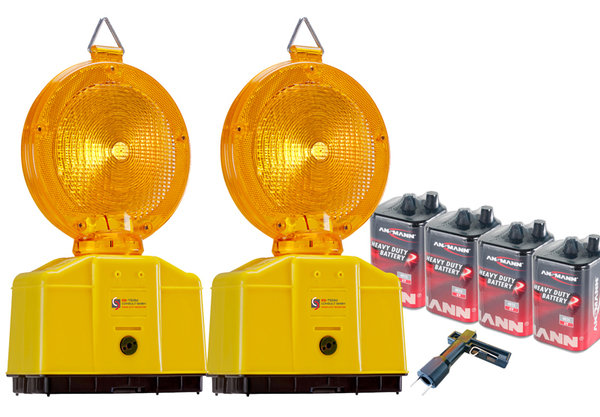 Baustellenleuchte Set 2 Warnleuchten gelb inkl. 4 Batterien 9Ah 1 Lampenschlüssel